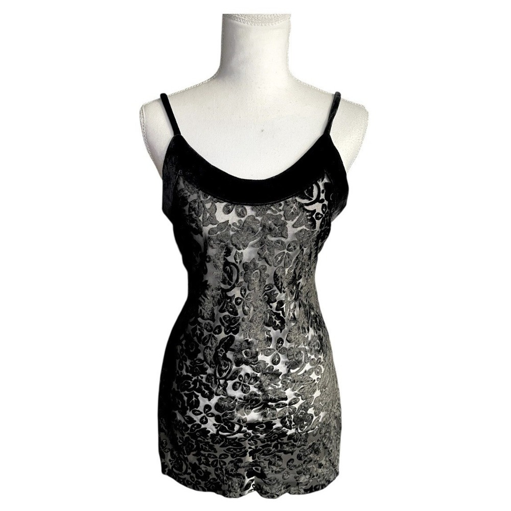 Vintage Victoria's Secret Gold Label Black Velvet‎ Burn Out Slip Chemise Dress